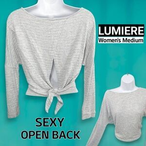 Lumiere Marled Grey Long Sleeve Surplice Open Back Cotton Shirt Top Size Medium